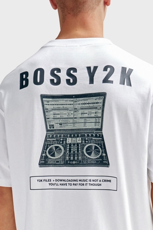 Boss - Boss Baskılı Pamuklu Oversize Fit Bisiklet Yaka Erkek T Shirt 50510218 100 BEYAZ (1)